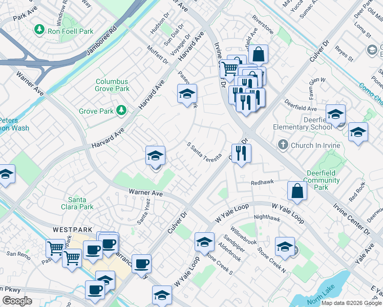 map of restaurants, bars, coffee shops, grocery stores, and more near 36 Del Ventura in Irvine
