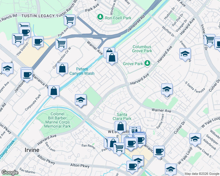 map of restaurants, bars, coffee shops, grocery stores, and more near 25 Marsala in Irvine