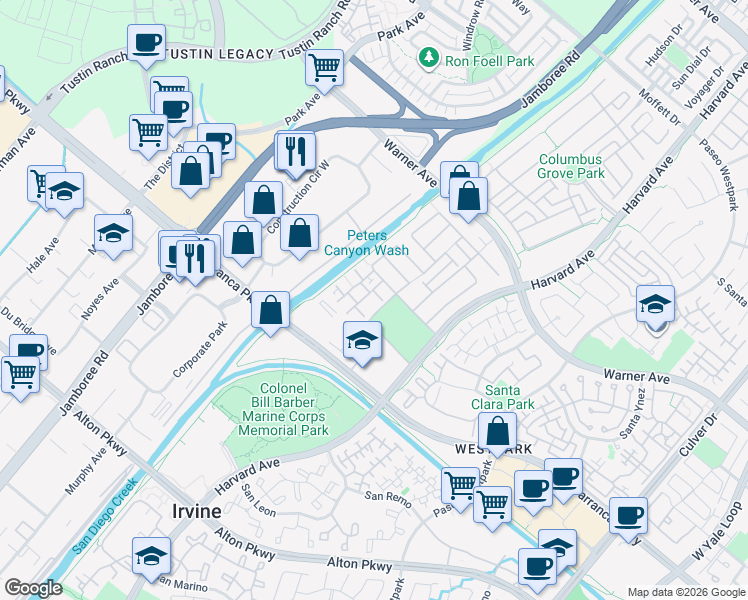 map of restaurants, bars, coffee shops, grocery stores, and more near 630 Silk Tree in Irvine
