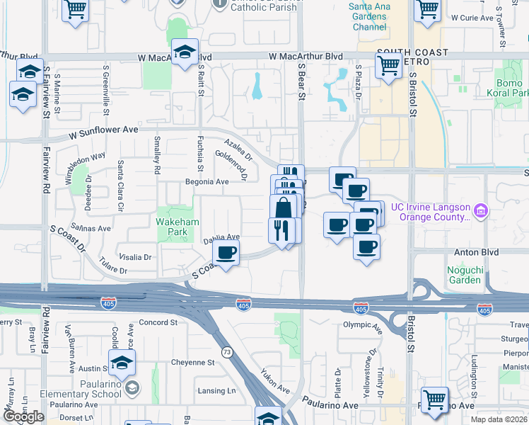 map of restaurants, bars, coffee shops, grocery stores, and more near 921 Crocus Circle in Costa Mesa