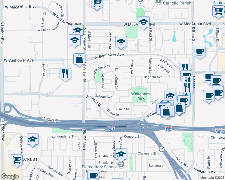 map of restaurants, bars, coffee shops, grocery stores, and more near 3259 Turlock Drive in Costa Mesa