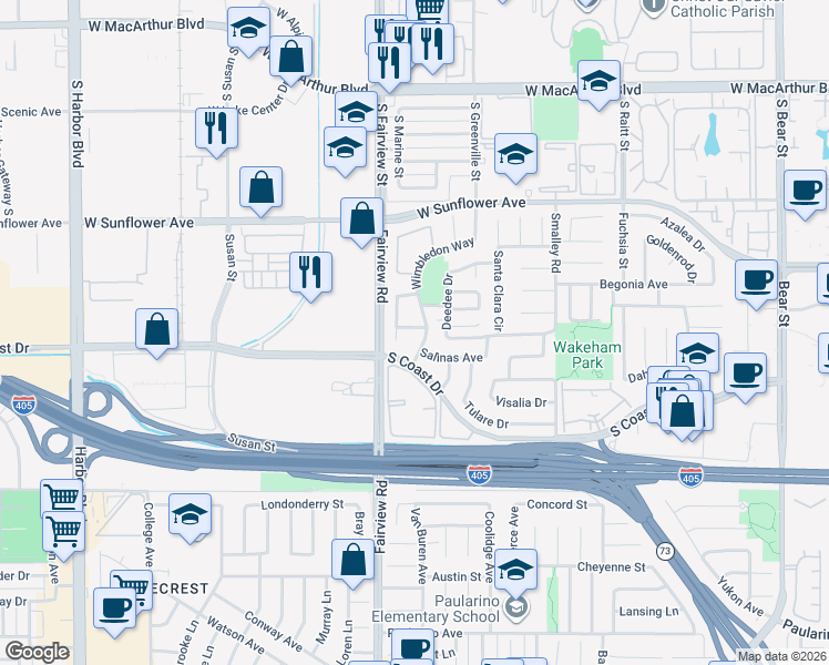 map of restaurants, bars, coffee shops, grocery stores, and more near 1152 Salinas Avenue in Costa Mesa