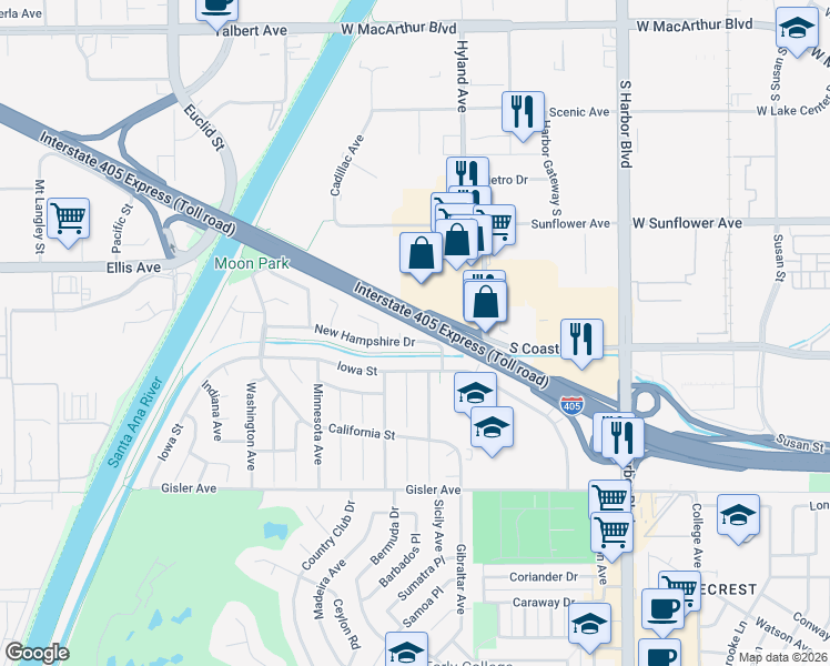 map of restaurants, bars, coffee shops, grocery stores, and more near 1653 New Hampshire Drive in Costa Mesa