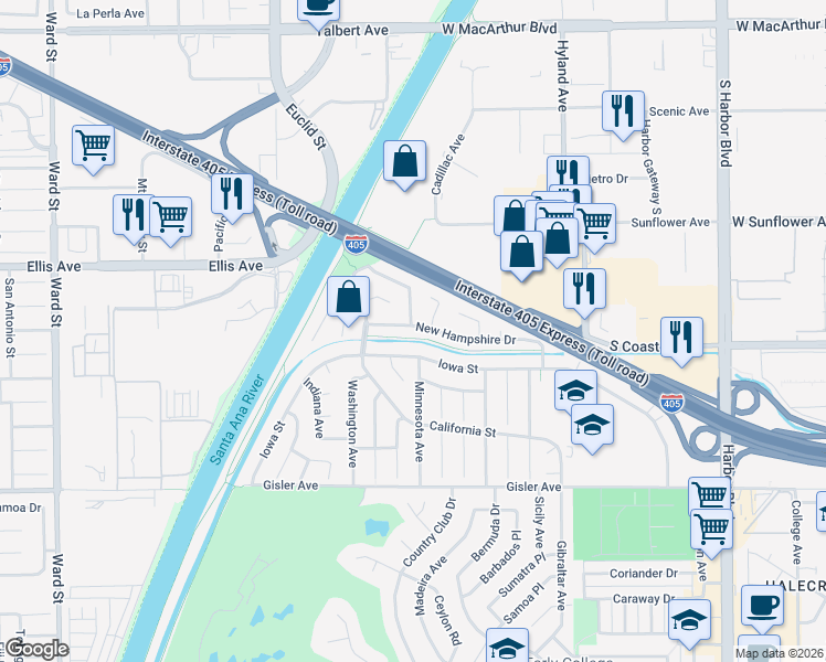 map of restaurants, bars, coffee shops, grocery stores, and more near 1772 Iowa Street in Costa Mesa