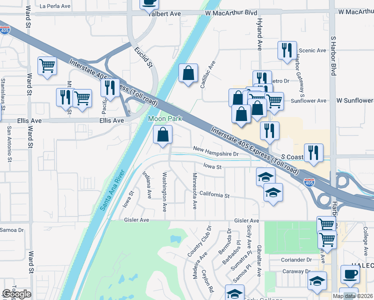 map of restaurants, bars, coffee shops, grocery stores, and more near 1772 Iowa Street in Costa Mesa