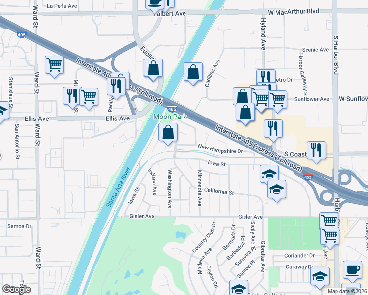 map of restaurants, bars, coffee shops, grocery stores, and more near 1808 Iowa Street in Costa Mesa