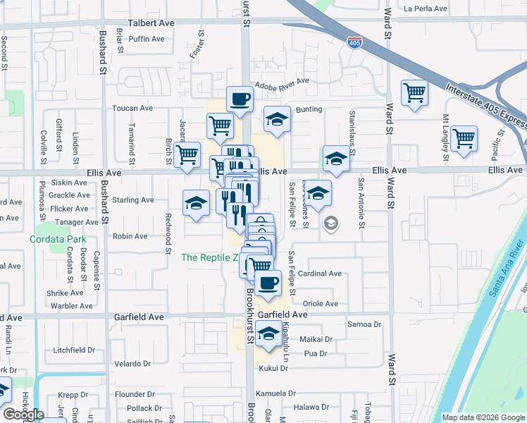map of restaurants, bars, coffee shops, grocery stores, and more near 10077 San Miguel Court in Fountain Valley