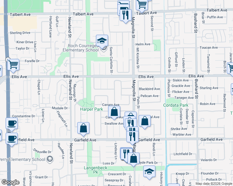 map of restaurants, bars, coffee shops, grocery stores, and more near 18673 Santa Ramona Street in Fountain Valley