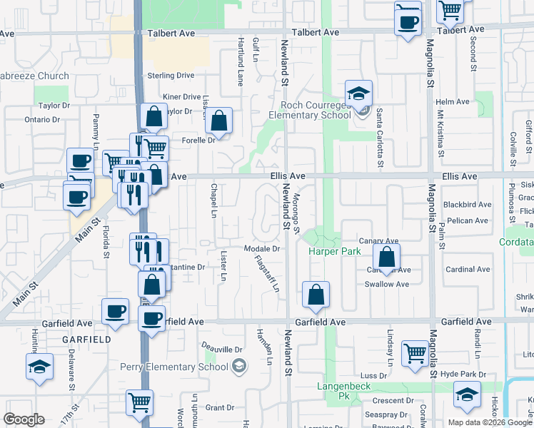 map of restaurants, bars, coffee shops, grocery stores, and more near 18601 Newland Street in Huntington Beach