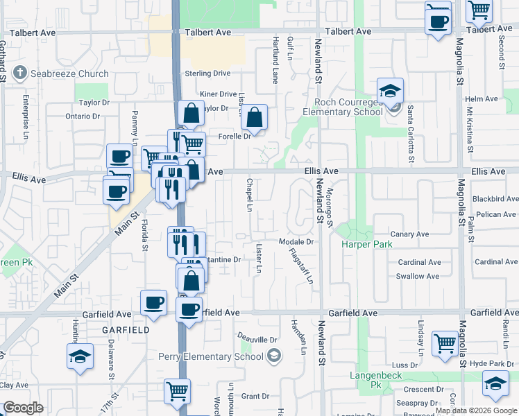 map of restaurants, bars, coffee shops, grocery stores, and more near 18741 Applewood Drive in Huntington Beach