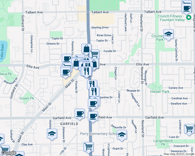 map of restaurants, bars, coffee shops, grocery stores, and more near 18672 Libra Circle in Huntington Beach