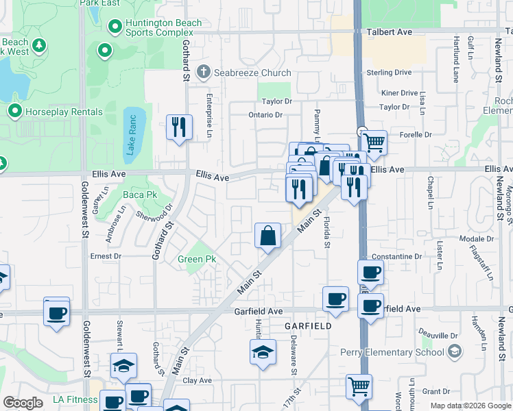 map of restaurants, bars, coffee shops, grocery stores, and more near 18625 Park Meadow Lane in Huntington Beach