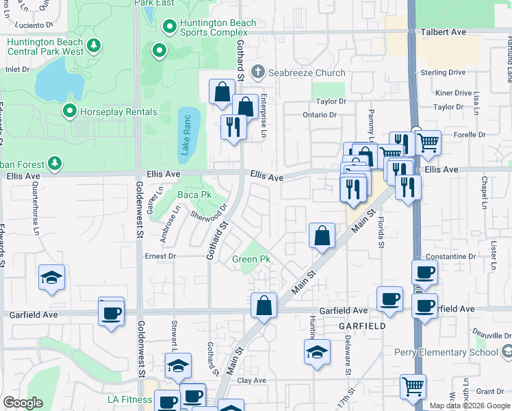 map of restaurants, bars, coffee shops, grocery stores, and more near 7426 Marisa Drive in Huntington Beach