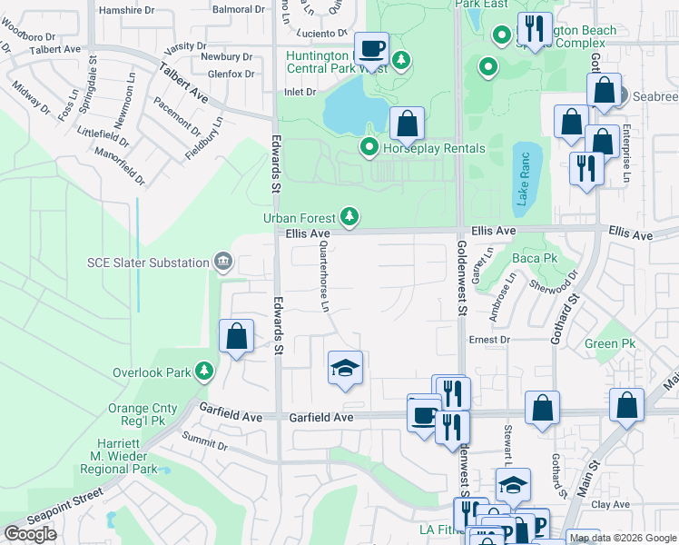 map of restaurants, bars, coffee shops, grocery stores, and more near 6651 Shire Circle in Huntington Beach