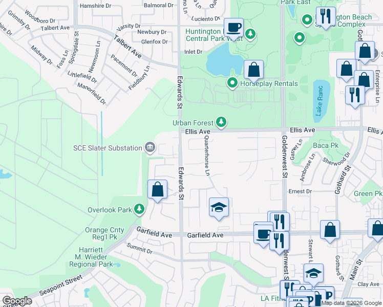 map of restaurants, bars, coffee shops, grocery stores, and more near 6571 Polo Circle in Huntington Beach