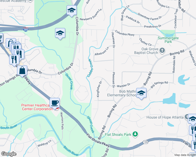 map of restaurants, bars, coffee shops, grocery stores, and more near 3178 Kingfisher Drive in Decatur