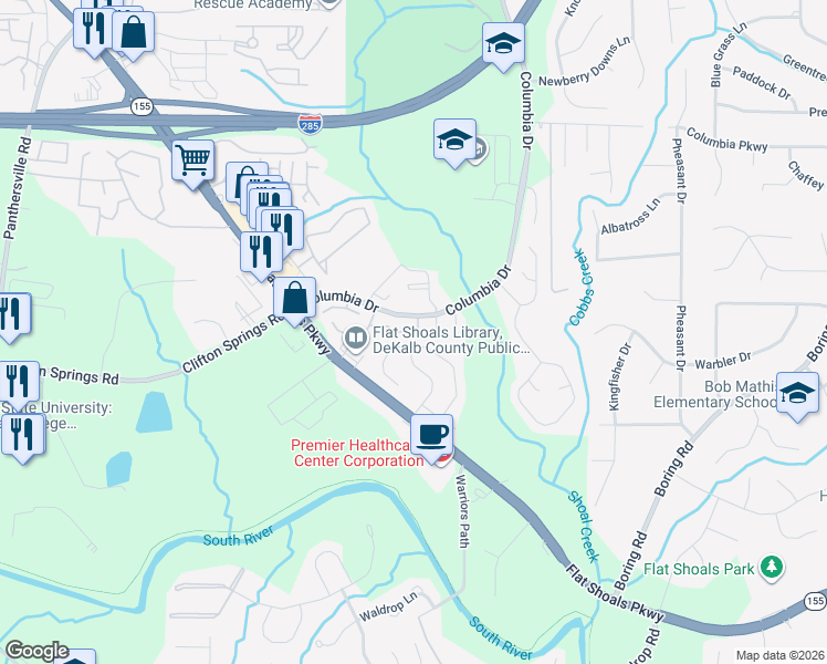 map of restaurants, bars, coffee shops, grocery stores, and more near 3156 Cedar Crest Way in Decatur