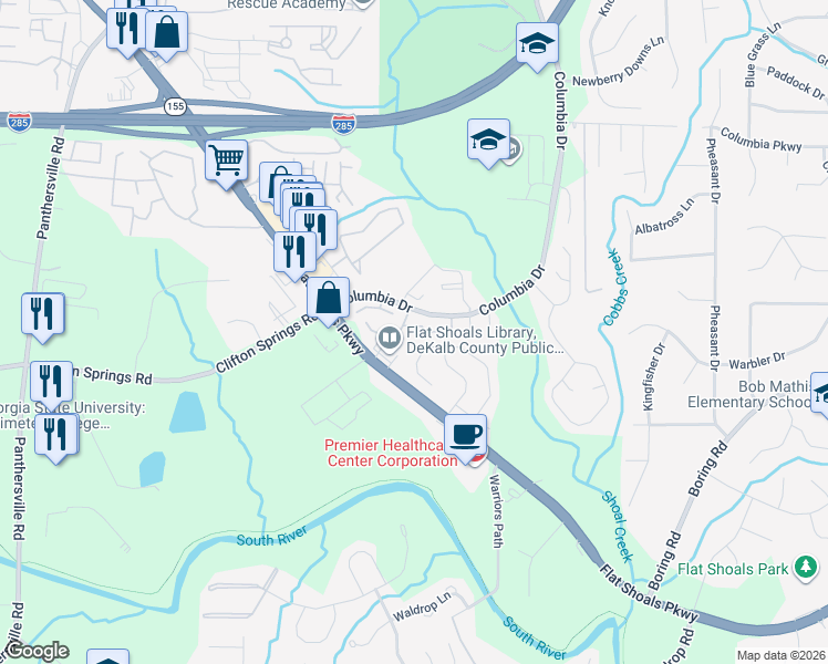 map of restaurants, bars, coffee shops, grocery stores, and more near 4022 Flat Shoals Parkway in Decatur