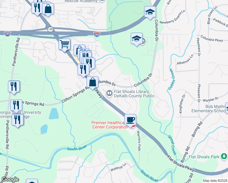 map of restaurants, bars, coffee shops, grocery stores, and more near 4022 Flat Shoals Parkway in Decatur