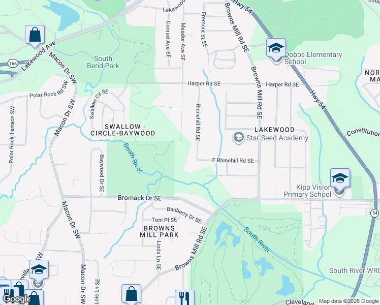 map of restaurants, bars, coffee shops, grocery stores, and more near 2275 Rhinehill Road Southeast in Atlanta