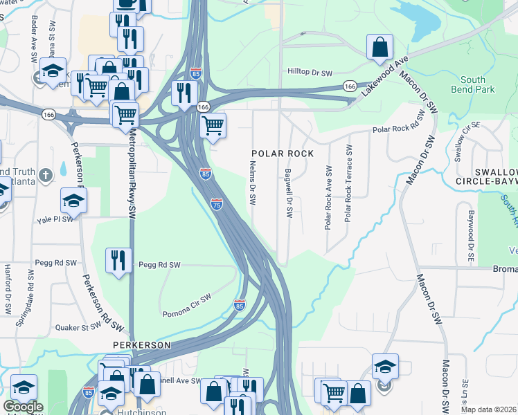map of restaurants, bars, coffee shops, grocery stores, and more near 2308 Nelms Drive Southwest in Atlanta