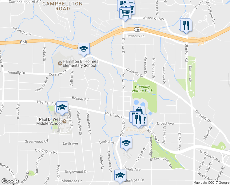 map of restaurants, bars, coffee shops, grocery stores, and more near 2134 Elinwood Drive in East Point