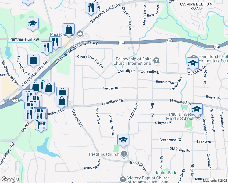 map of restaurants, bars, coffee shops, grocery stores, and more near 2695 Headland Drive in Atlanta