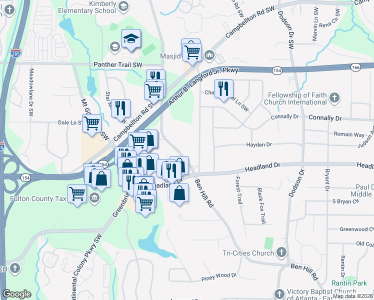 map of restaurants, bars, coffee shops, grocery stores, and more near 2334 Ben Hill Road in Atlanta