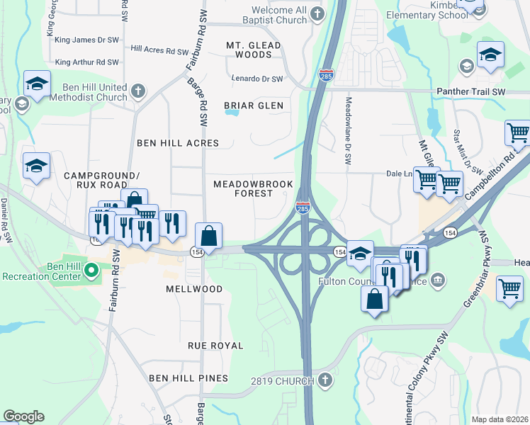 map of restaurants, bars, coffee shops, grocery stores, and more near 3478 Meadowlane Place Southwest in Atlanta