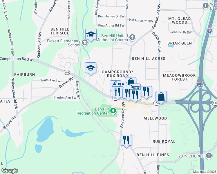 map of restaurants, bars, coffee shops, grocery stores, and more near 2304 Camp Ground Road Southwest in Atlanta