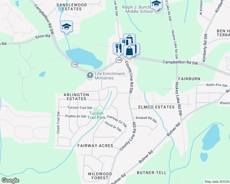 map of restaurants, bars, coffee shops, grocery stores, and more near 2462 Colorado Trail Southwest in Atlanta
