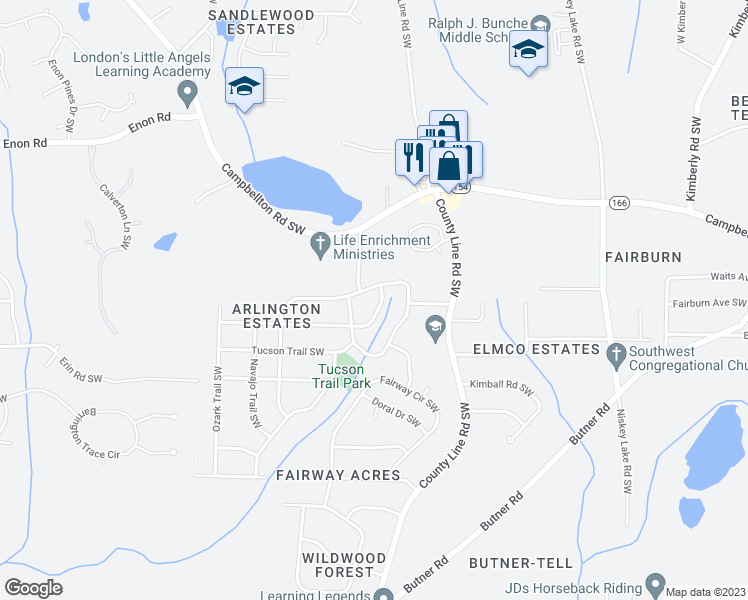 map of restaurants, bars, coffee shops, grocery stores, and more near 2462 Colorado Trail Southwest in Atlanta
