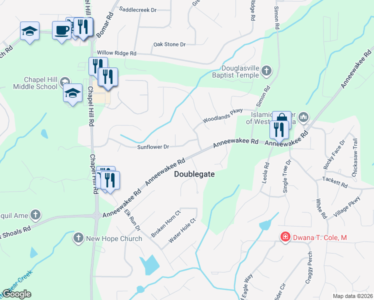 map of restaurants, bars, coffee shops, grocery stores, and more near 4582 Sunflower Drive in Douglasville