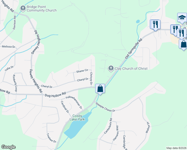 map of restaurants, bars, coffee shops, grocery stores, and more near 6447 Chrissy Drive in Pinson
