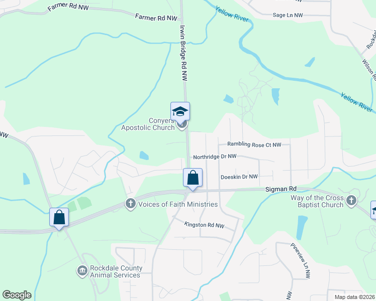 map of restaurants, bars, coffee shops, grocery stores, and more near 2072 Wildflower Way Northwest in Conyers