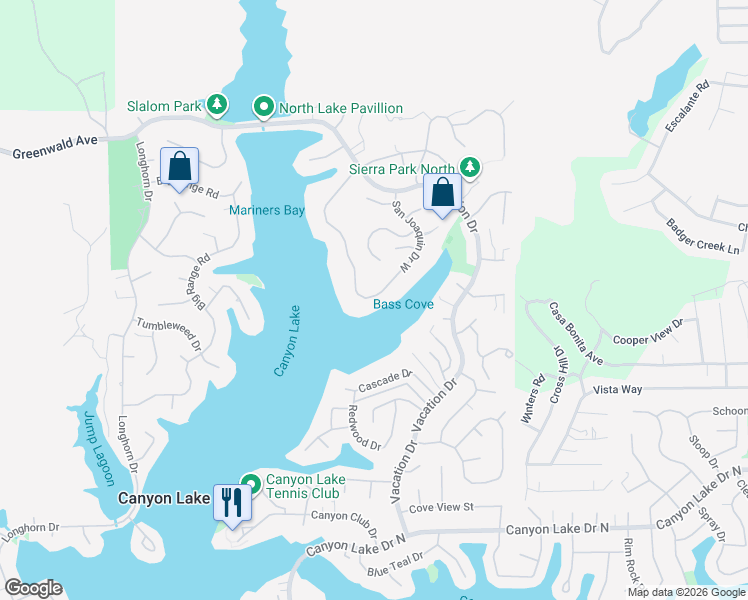 map of restaurants, bars, coffee shops, grocery stores, and more near 22226 San Joaquin Drive West in Canyon Lake