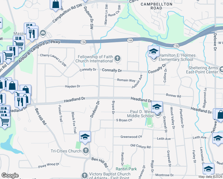 map of restaurants, bars, coffee shops, grocery stores, and more near 2309 Bryant Drive in Atlanta