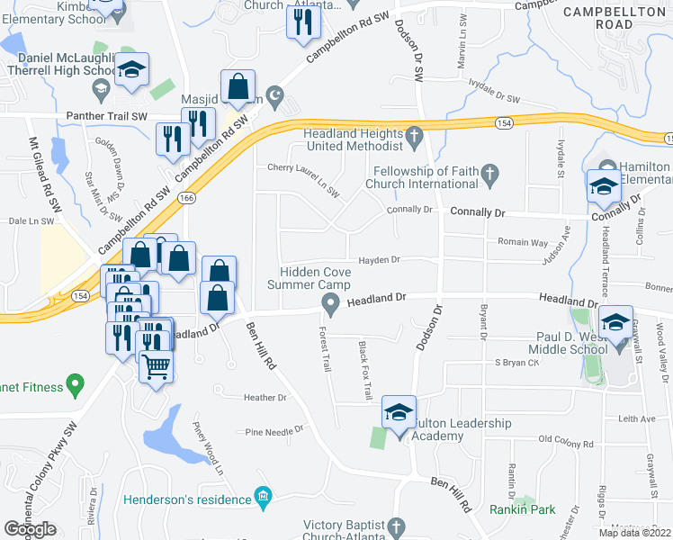 map of restaurants, bars, coffee shops, grocery stores, and more near 2762 Hayden Drive in East Point