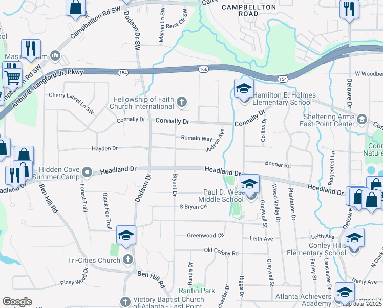 map of restaurants, bars, coffee shops, grocery stores, and more near 2514 Judson Avenue in East Point