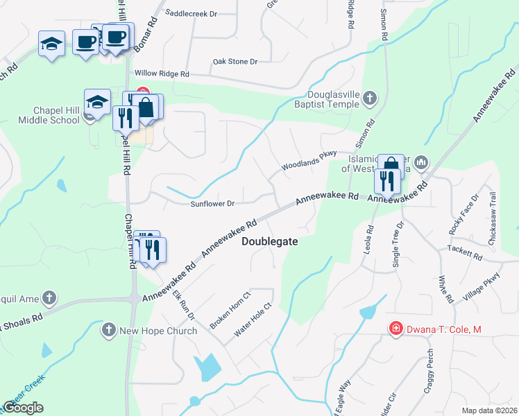 map of restaurants, bars, coffee shops, grocery stores, and more near 4582 Sunflower Dr in Douglasville