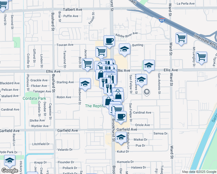 map of restaurants, bars, coffee shops, grocery stores, and more near 18643 Brookhurst Street in Fountain Valley