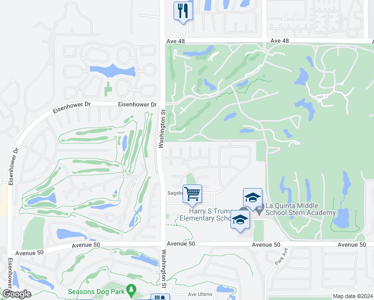 map of restaurants, bars, coffee shops, grocery stores, and more near 49065 Serenata Court in La Quinta
