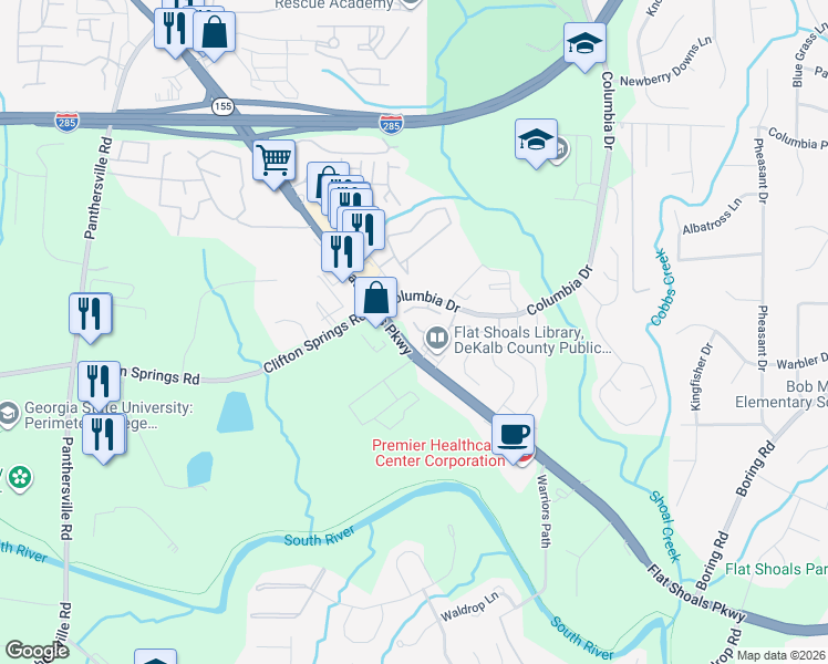 map of restaurants, bars, coffee shops, grocery stores, and more near 4025 Flat Shoals Parkway in Decatur