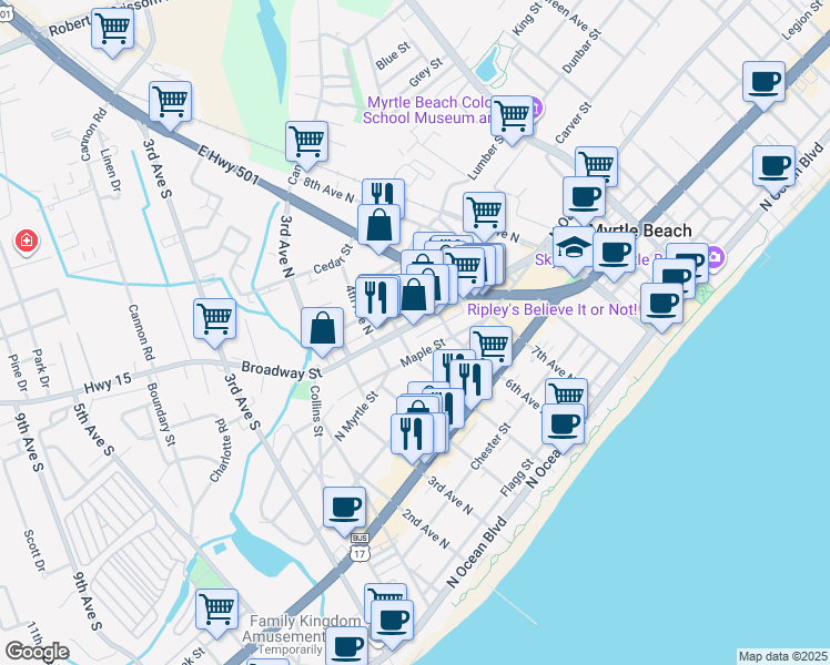 map of restaurants, bars, coffee shops, grocery stores, and more near 405 Maple Street in Myrtle Beach