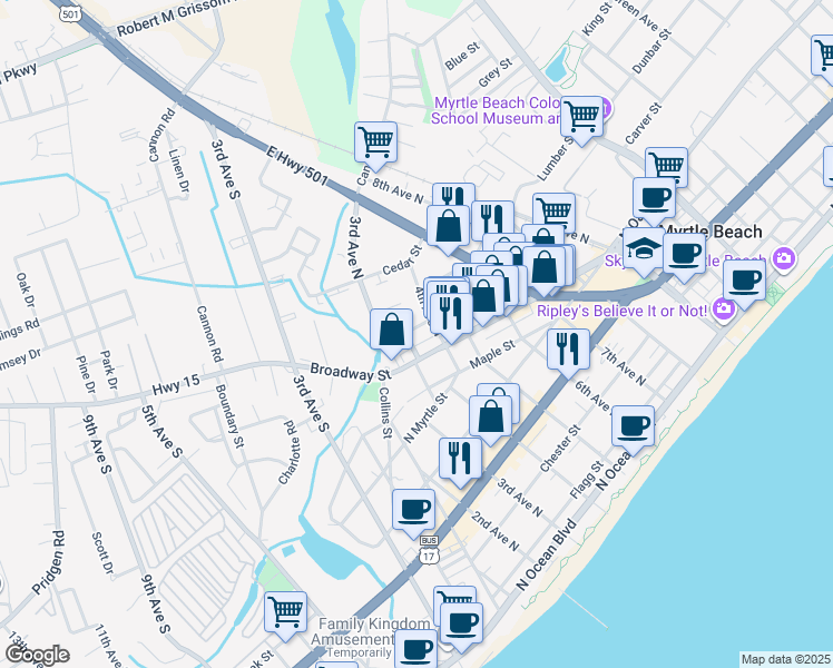 map of restaurants, bars, coffee shops, grocery stores, and more near 309 Broadway Street in Myrtle Beach