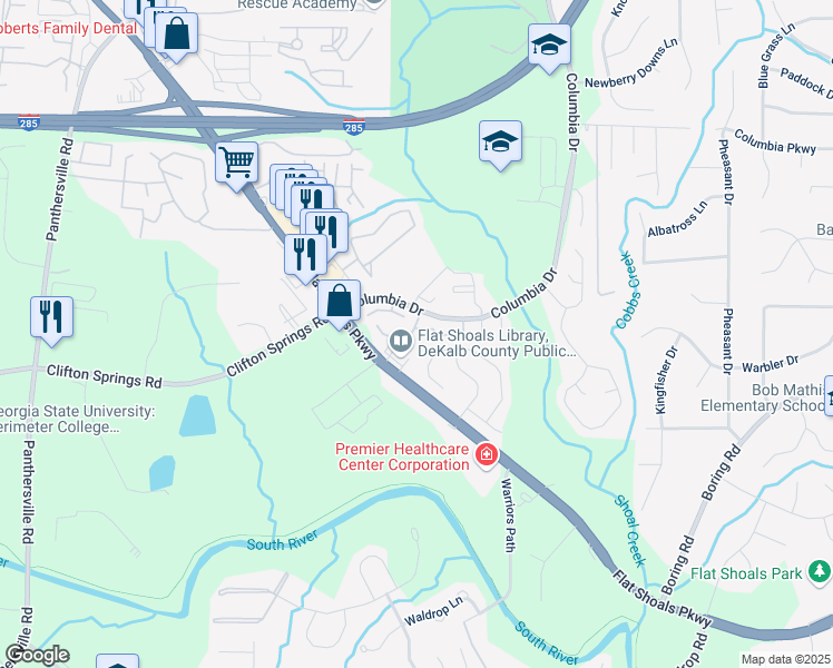 map of restaurants, bars, coffee shops, grocery stores, and more near 3223 Strawberry Lane in Decatur