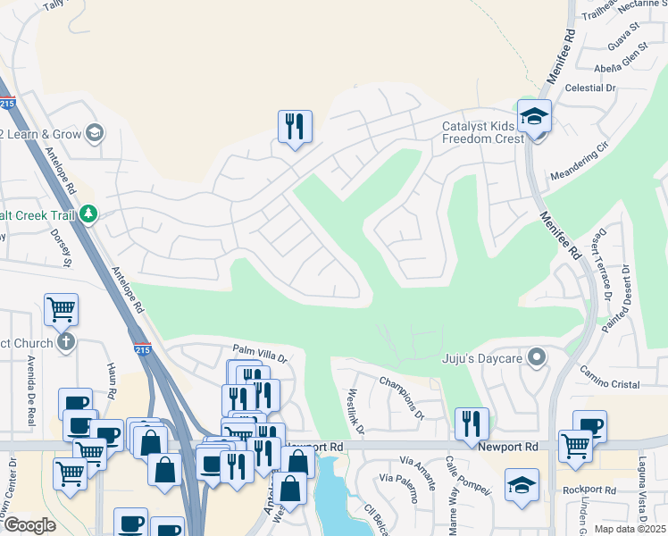 map of restaurants, bars, coffee shops, grocery stores, and more near 28293 Pleasanton Court in Menifee