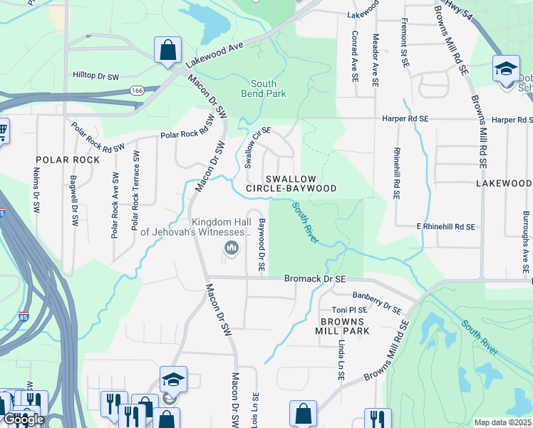 map of restaurants, bars, coffee shops, grocery stores, and more near 2308 Baywood Drive Southeast in Atlanta