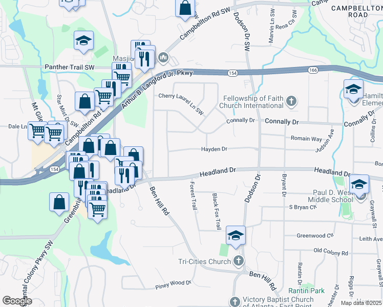 map of restaurants, bars, coffee shops, grocery stores, and more near 2782 Hayden Drive in East Point