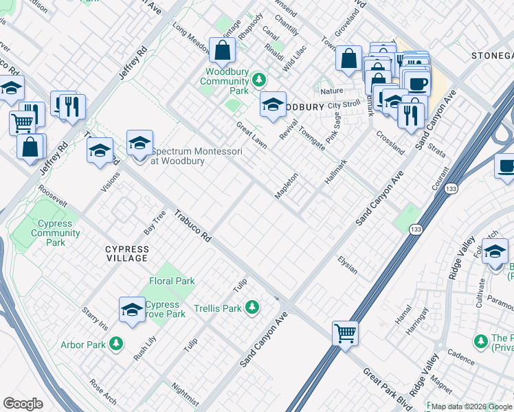 map of restaurants, bars, coffee shops, grocery stores, and more near 49 Clocktower in Irvine